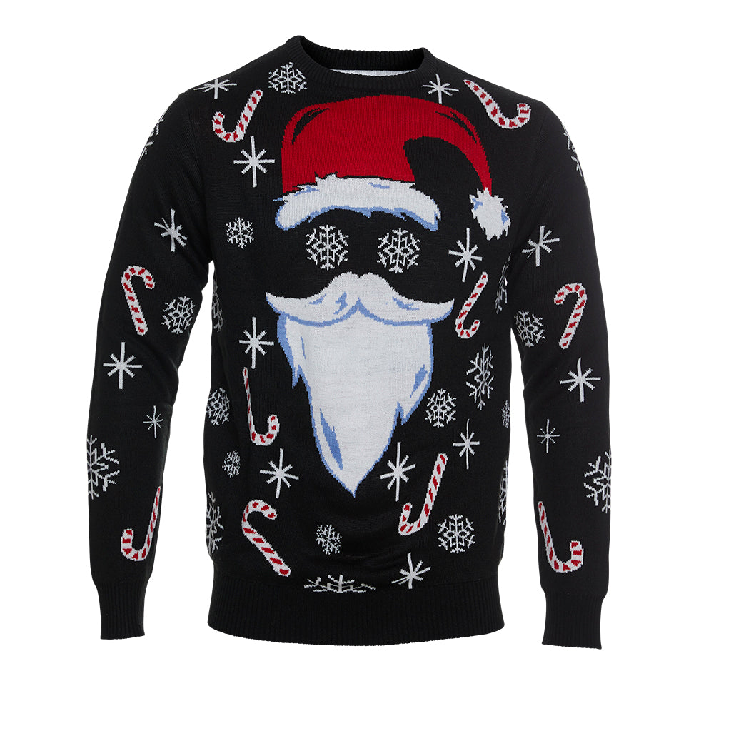 En sort julesweater med et nisseansigt og snefnug.